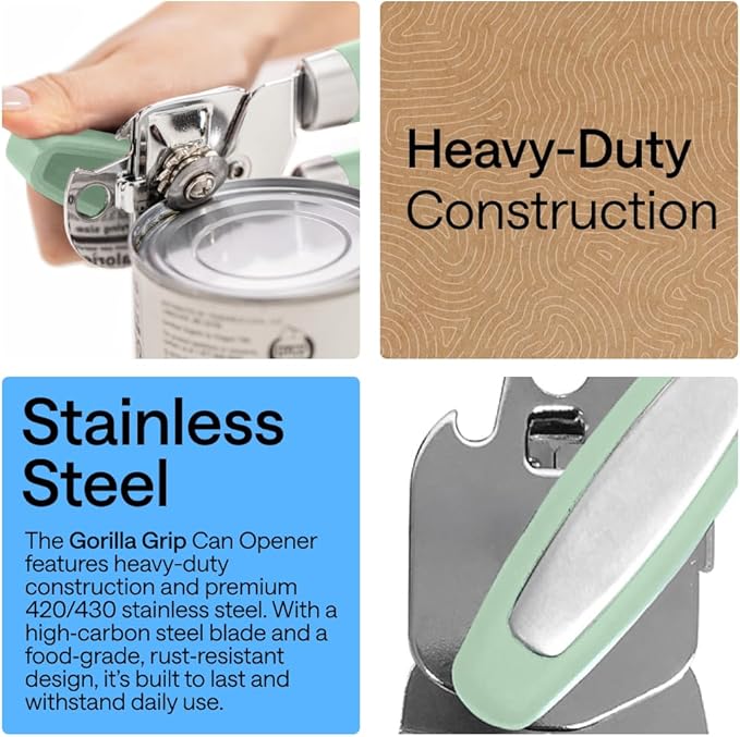 GORILLA GRIP Heavy Duty Stainless Steel Smooth Edge Manual Can Opener and Bottle Openers, Soft Comfortable Handle, Oversized Handheld Turn Knob, US Designed Multifunctional Kitchen Tool, Mint
