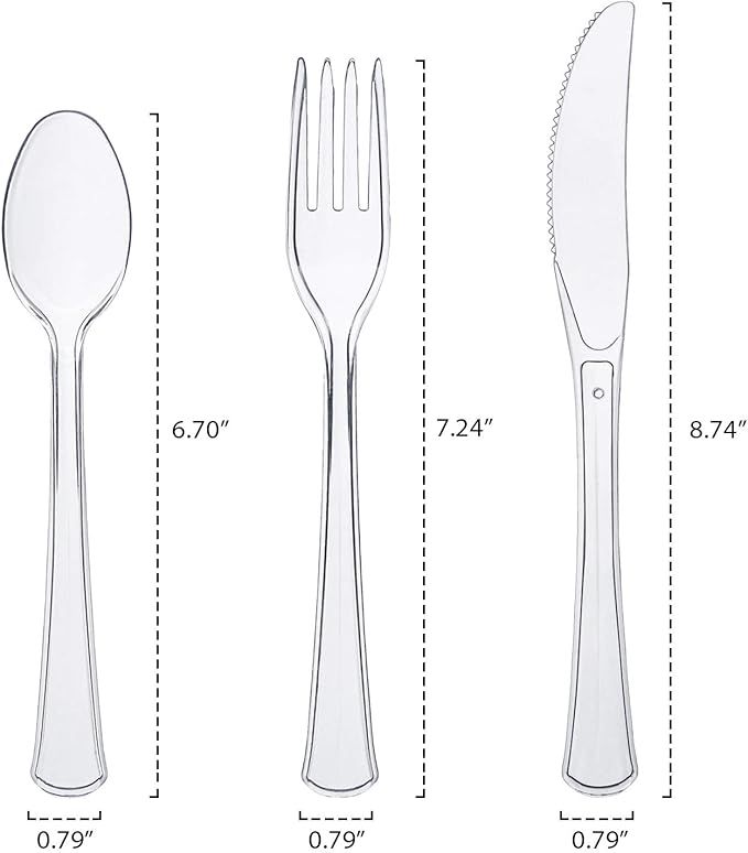 Party Essentials Extra Heavy Duty Hard Plastic Cutlery Combo Pack and Full Size Knives/Forks/Spoons, Clear, 8 Place Setting-Count