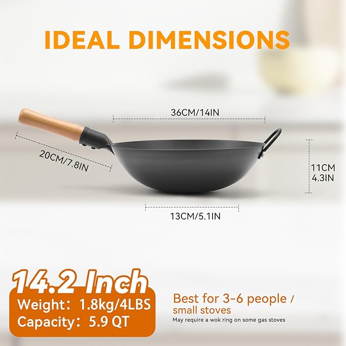 WANGYUANJI 14.2" Carbon Steel Wok Round Bottom (Gas Stove Only Requires Separate Wok Ring for Flat Grates) Heavy Duty Nitriding Iron Stir Fry Pan (Spatula & Brush Included - Lid & Ring NOT Included)