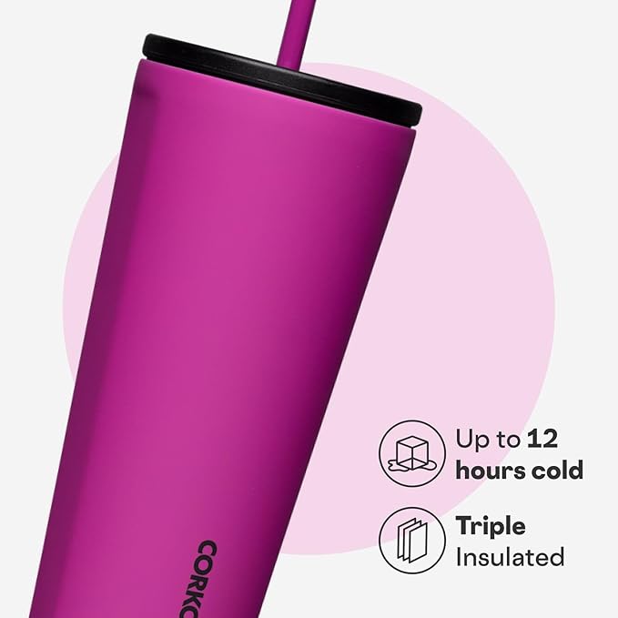 Corkcicle Cold Cup Insulated Tumbler with Straw - Keeps Drinks Cold for 12 Hours - Triple-Insulated Stainless Steel - Leak-Resistant Lid - Summer Drinkware Gift - 24 oz - Berry Punch
