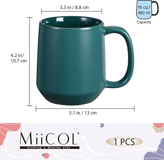 Miicol Ceramic Coffee Mug, 16 oz Large Coffee Cup, Tea Mug with Handle, Flat Bottom Mug for Men, Women, Office, Microwave and Dishwasher Safe, Multi-Color, Turquoise