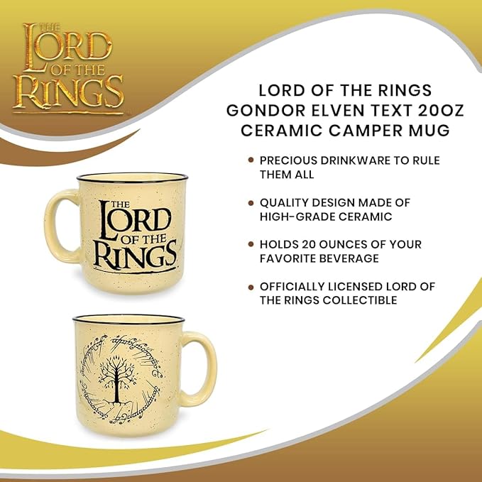 The Lord of the Rings Gondor Elven Script Ceramic Camper Mug | BPA-Free Travel Coffee Cup For Espresso, Caffeine, Cocoa | Home & Kitchen Essentials, Hobbit Gifts and Collectibles | Holds 20 Ounces