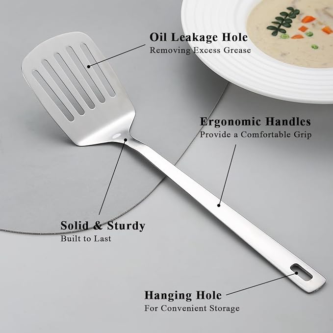 Kyraton Stainless Steel Spatulas Set, Silver Slotted Turner, Solid Turner, Kitchen Spatulas for Nonstick Cookware, Dishwasher Safe, Easy to Clean