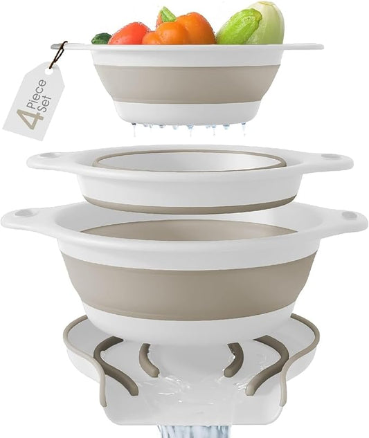 Collapsible Colanders (3 Pack Set) Food Strainers with Over-Sink Water Draining Base for Pasta Fruits and Vegetables, White/Beige (3 Sizes, 3QT, 4QT and 5 Quart)