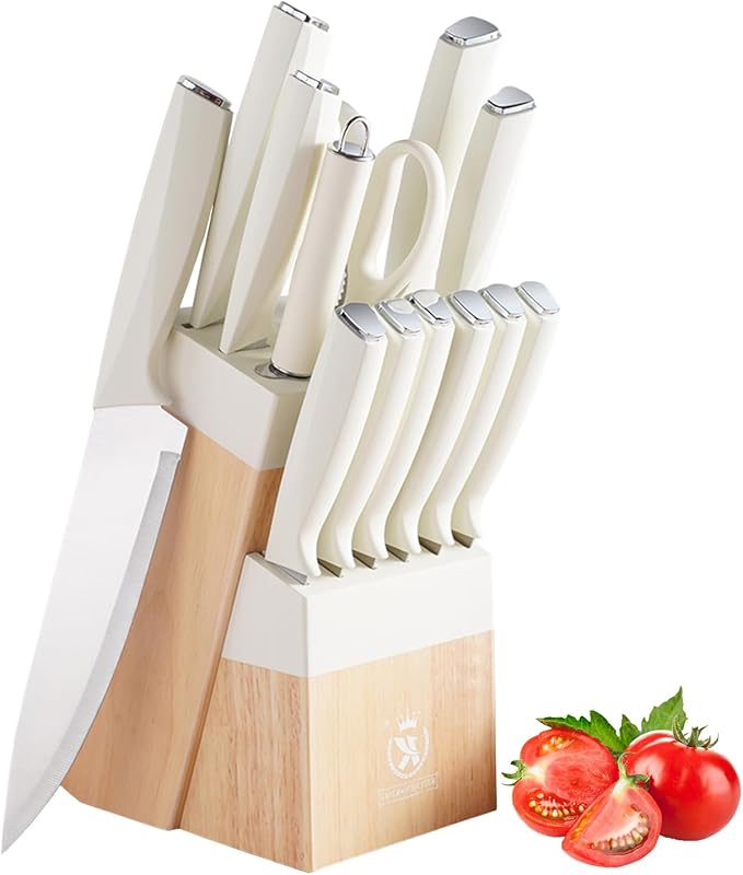Knife Set, 14-Piece Kitchen Knife Block Set Dishwasher Safe with Wood Block and Sharpener,Non Stick Sharp Stainless Steel Chef Knife Sets for Cooking
