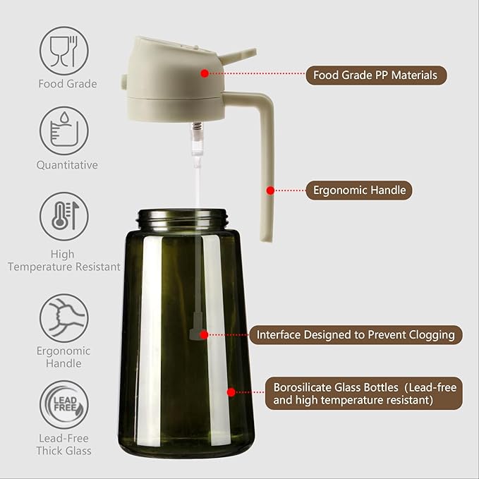 2PCS Olive Oil Dispenser and Oil Sprayer – 16oz/470ml Glass Light-Proof Oil Pourer for Kitchen Air Fryer, Cooking, Salad, and BBQ, with Stickers