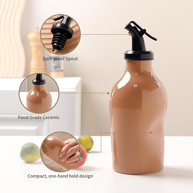 Ceramic Oil Dispenser Bottle with Acrylic Spout - Mini Kitchen Oil & Vinegar Cruet for EVOO, Avocado Oil - Easy-Grip Design, Compact Size 285ml (Glossy Brown)