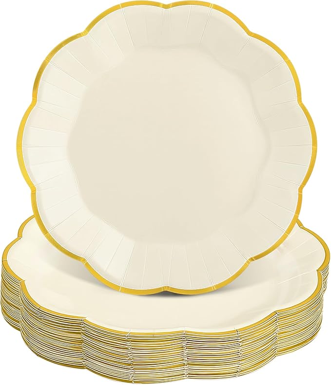 30 Pcs White and Gold Paper Plates, 7 Inch Cream Paper Plates Ivory Plate with Gold Trim Scalloped Wedding Plate for Baby Shower, Wedding, Birthday, Tea Party