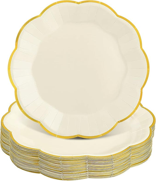 30 Pcs White and Gold Paper Plates, 7 Inch Cream Paper Plates Ivory Plate with Gold Trim Scalloped Wedding Plate for Baby Shower, Wedding, Birthday, Tea Party