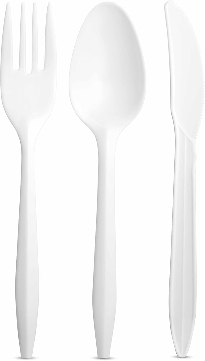 1000 Count White Silverware Set, 334 Plastic Forks, 333 Spoons, 333 Knives, Medium Weight BPA Free Disposable Plastic Cutlery Set, Bulk Combo Pack Flatware Set for Party Supplies