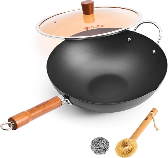WANGYUANJI 13.4" Heavy Duty Carbon Steel Wok (Seasoning Required), Large Refined Iron Stir Fry Pan for 3-5 People, Uncoated Flat Bottom Induction Wok, Durable Cookware