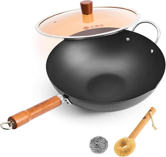 WANGYUANJI 12.6" Carbon Steel Wok with Glass Lid, Traditional Uncoated Flat Bottom Stir Fry Pan for Induction & Gas, Heavy Duty Chinese Chef Wok with Cleaning Accessories (32cm)