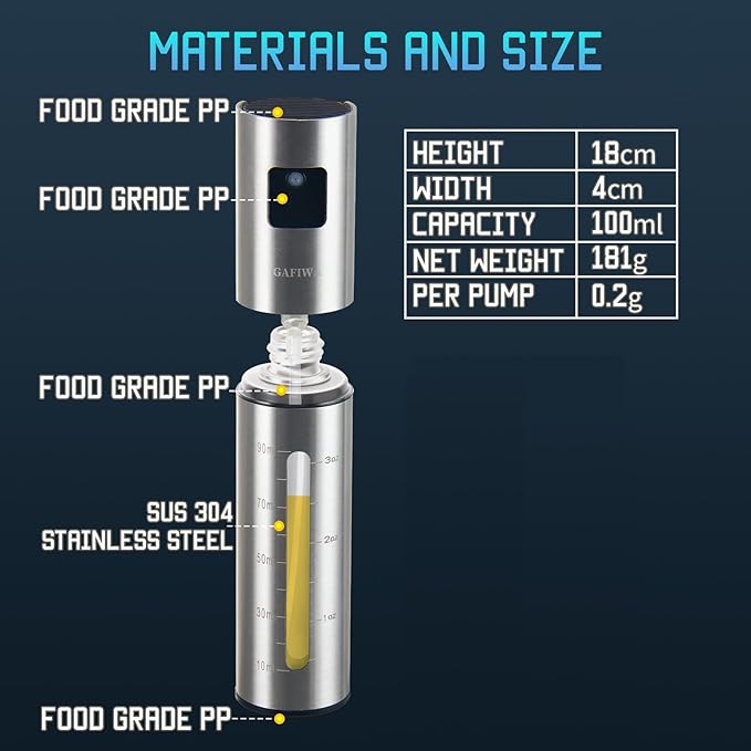 Olive Oil Sprayer for Cooking, Olive Oil Mister Spray Bottle for Cooking, Oil Dispenser Spritzer Bottle for Kitchen, SUS304 Stainless Steel, 100ml, Leak-Proof and Portable.