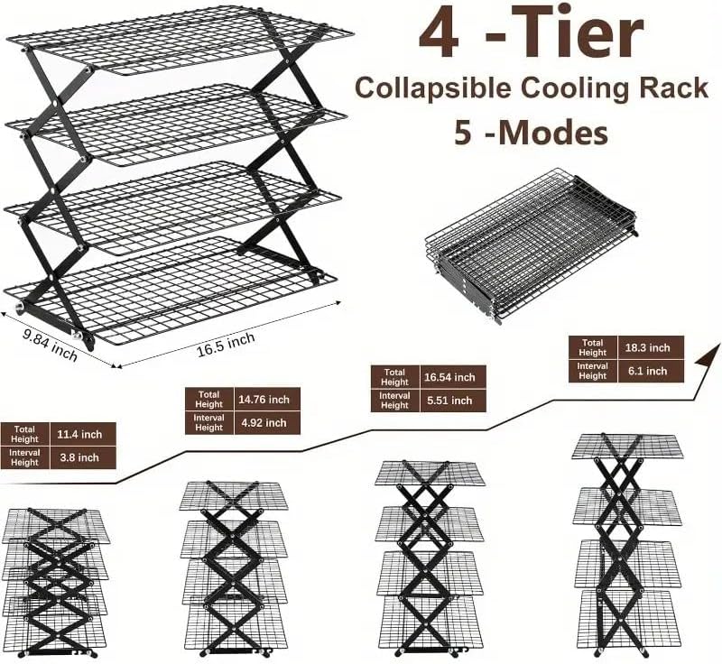 INNOVATIVE LIFE 4-Tier Collapsible Cooling Rack with 3-Setting Adjustable Design, Space Saving Metal Food Display Stand, Stackable Multi-Purpose Roasting Cooling Rack for Baking Cooking Cookies Picnic
