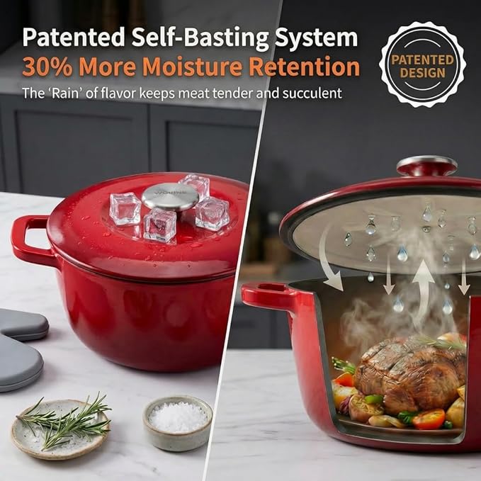 5.5QT Enamel Cast Iron Dutch Oven with Lid,Dual Handles,Versatile Heavy-Duty Non-toxic Cookware for Sourdough Bread Baking,Braising,Stews,Roasting,Oven Safe up to 500°F red