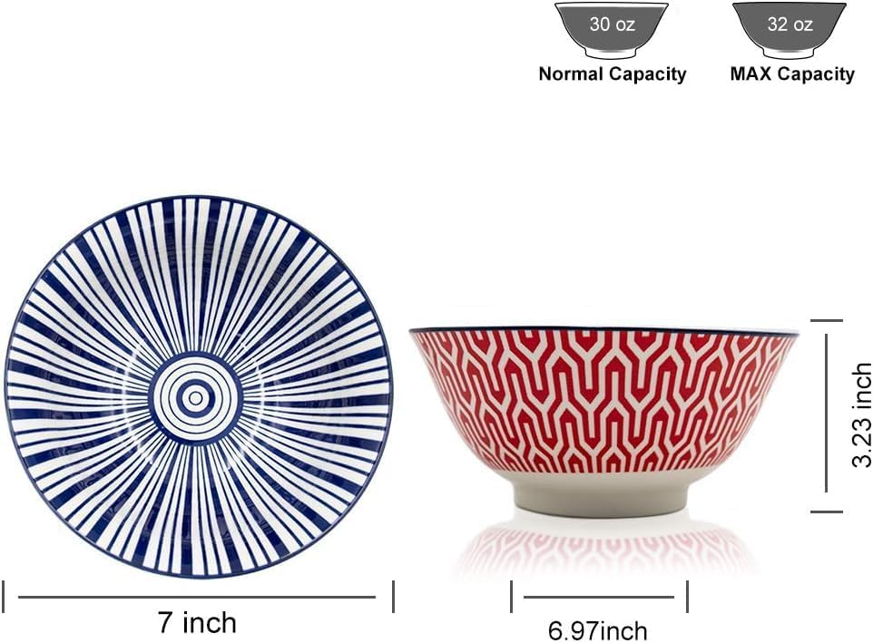 KitchenTour Ceramic Bowls Set - 30 oz Serving Bowls For Kitchen - Cereal, Ice Cream, Soup, Salad, Rice, Dessert Ceramic Bowls - Assorted Colorful Set of 6 - Microwave Dishwasher Safe - 7 Inch