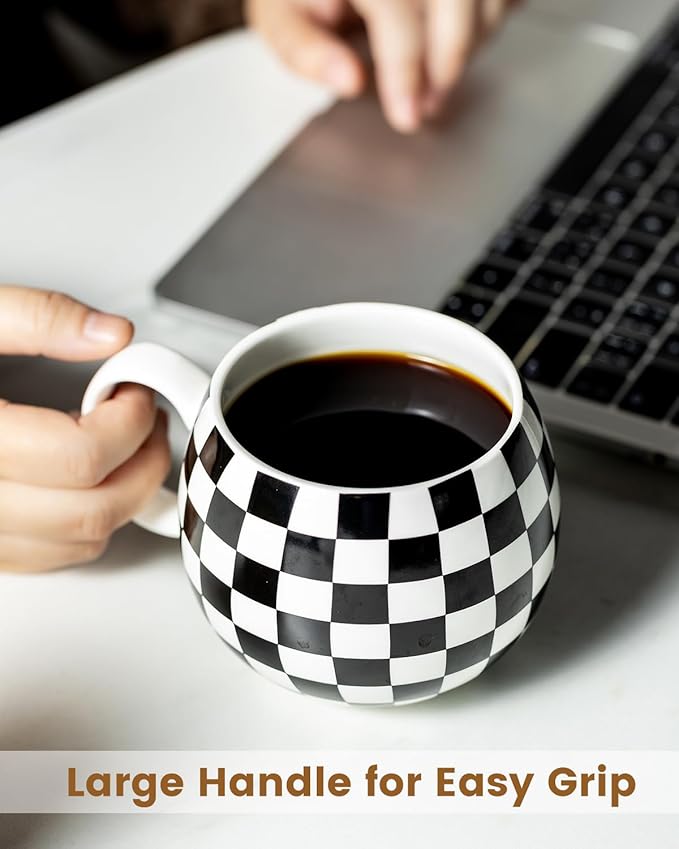 LAUCHUH Coffee Mug Set of 6, 18 oz Large Porcelain Coffee Mugs Checkered Coffee Cups with Handle Cappuccino Cups for Mother's Day, Tea, Cocoa, Milk, Latte, Mocha, Black and White