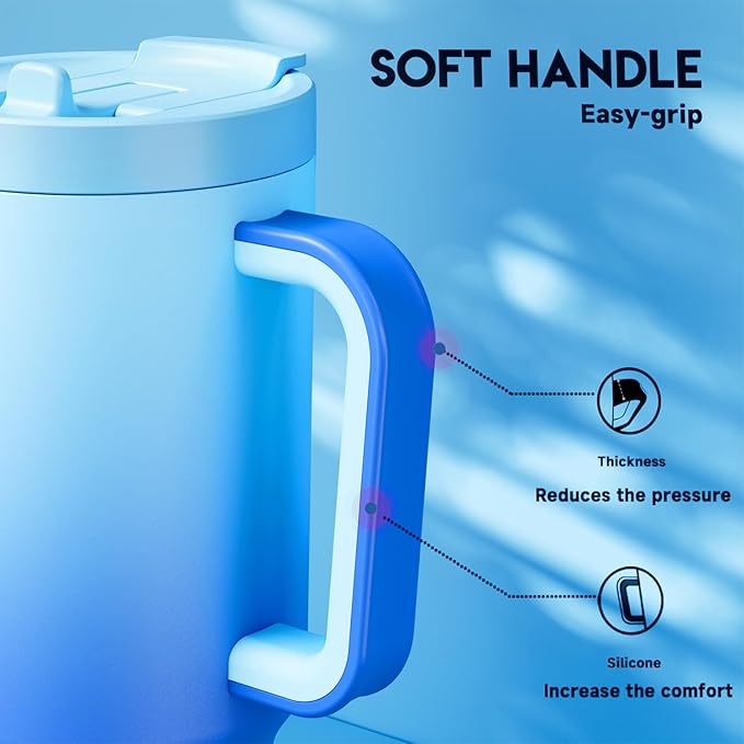 Meoky 32 oz Tumbler with Handle and Flip Straw, 100% Leakproof Tumbler with Lid and Straw, Stainless Steel Insulated Cup, Cupholder Friendly, Keeps Cold for 24 Hours (Sky)