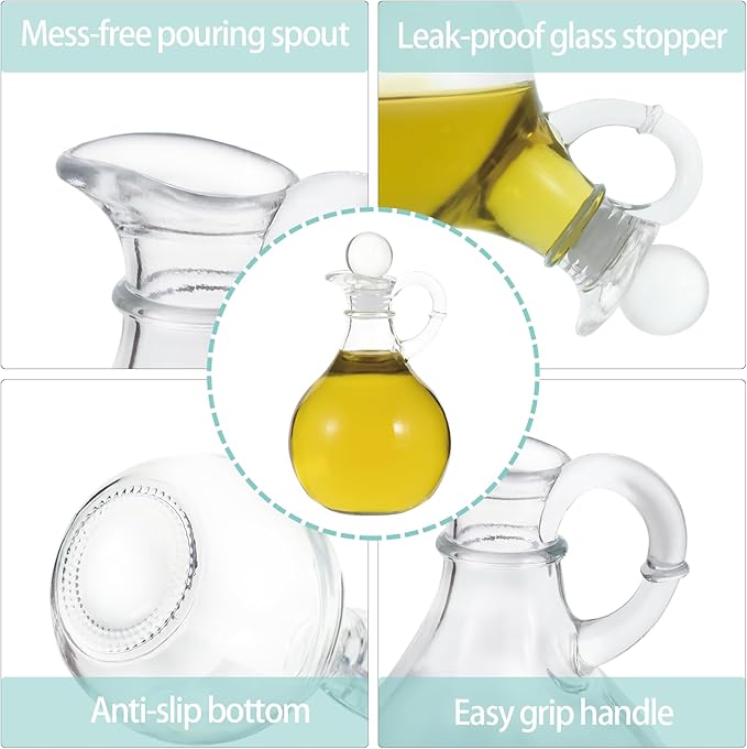 Oil and Vinegar Cruet Set of 2, Glass Oil and Vinegar Dispenser with Airtight Stopper, Glass Condiment Container for Homemade Oil, Salad Dressing