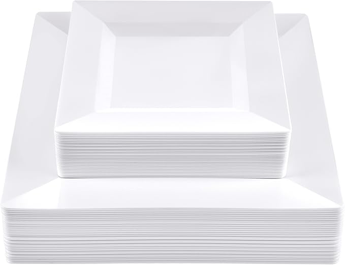 SETUP 60-Piece White Square Plastic Dinnerware Set – 30 9.5" Dinner & 30 6.5" Salad Plates – Heavy-Duty Disposable for Weddings, Catering, Parties