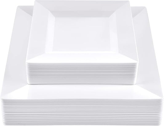SETUP 60-Piece White Square Plastic Dinnerware Set – 30 9.5" Dinner & 30 6.5" Salad Plates – Heavy-Duty Disposable for Weddings, Catering, Parties