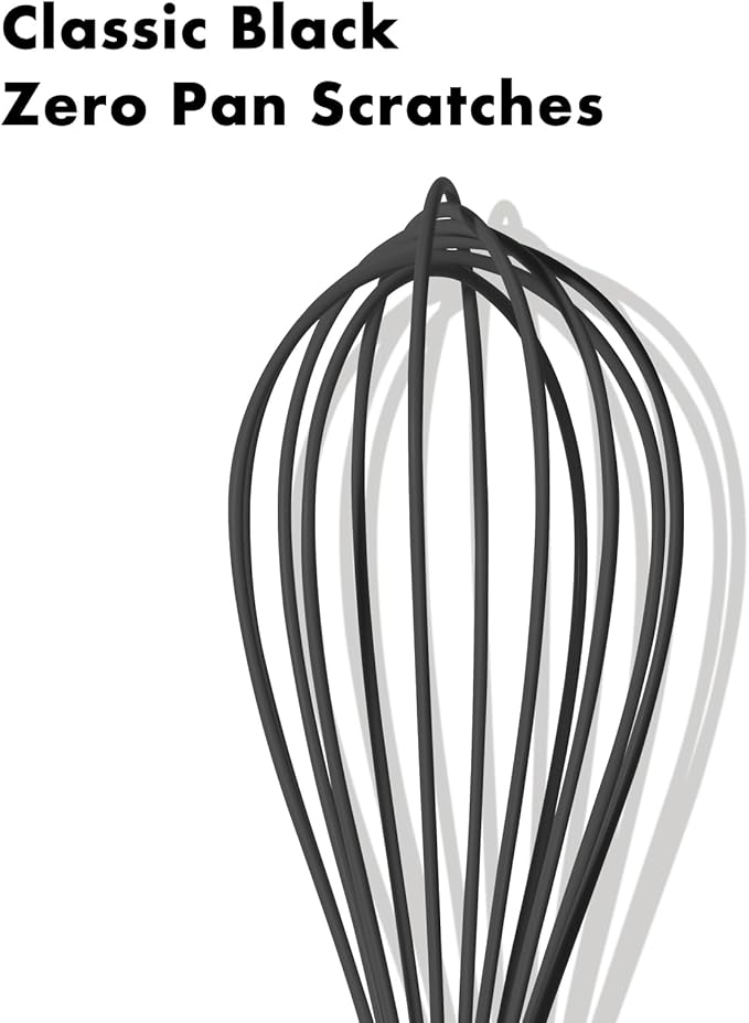 10-Inch Black Silicone Whisk, Heat Resistant 480°F Kitchen Whisk with Stainless Steel Ergonomic Handle, Non-Scratch for Nonstick Cookware, Dishwasher Safe, Perfect for Blending, Cooking & Beating