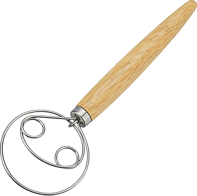 Danish Dough Whisk Stainless Steel with Dough Hook & Wooden Handle for Sourdough Bread Baking and Dough Mixing