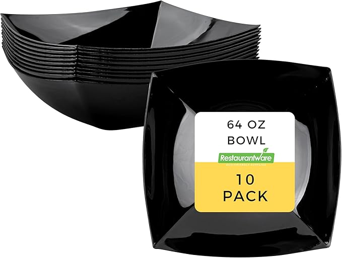 Restaurantware Moderna 64 Ounce Fancy Plastic Bowls 10 Square Disposable Salad Bowls - Durable Heavy-duty Black Plastic Bowls For Warm And Cold Foods