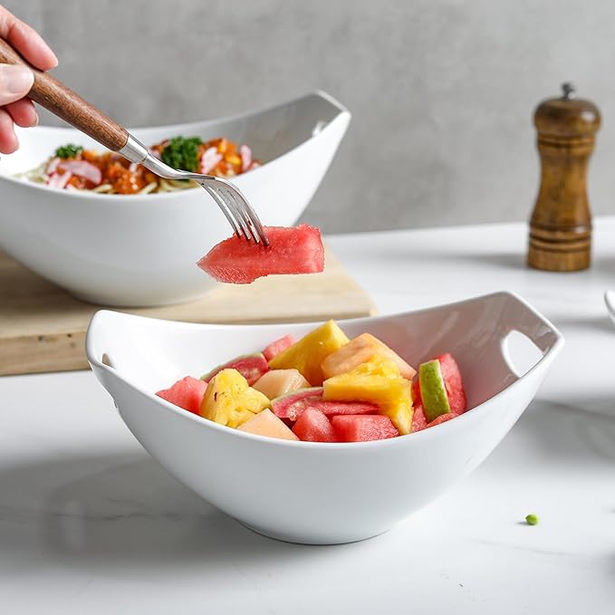 3 Piece Serving Bowls with Handle, Porcelain Serving Dishes, for Entertaining, Party, Housewarming, Christmas, Baby Shower, Microwave, and Dishwasher Safe, 15/28/47 oz, White