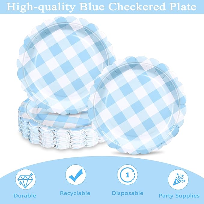 48 Pcs 7" Blue Gingham Paper Plates Light Blue & White Scalloped Checkered Party Plates, Pastel Plaid Dessert Table Supplies for BBQ Gathering Picnic Baby Shower Birthday Dinner Party Tableware