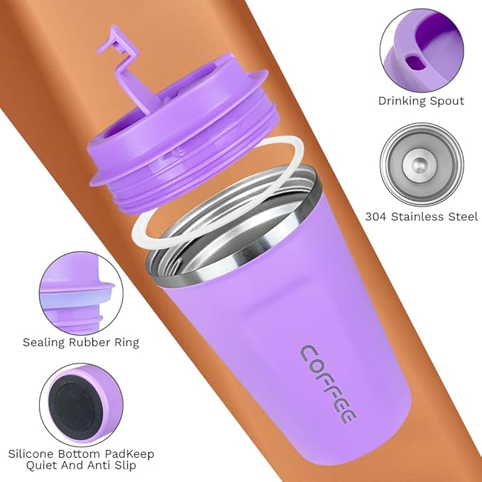 Travel coffee mugs leak-proof, reusable coffee cup with lid, stainless steel vacuum insulated coffee tumblers, thermal insulation cups for men & women keep drinks hot & cold (2nd-Purple, 17OZ)