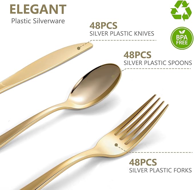 144 Pack Gold Premium Heavy Duty Plastic Silverware, 48 Forks, 48 Spoons, 48 Knives, For Catering, Parties, Dinners and Weddings, BPA-Free, Disposable Plastic Cutlery Set Utensils Set