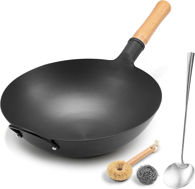 WANGYUANJI 14.2" Carbon Steel Wok Round Bottom (Gas Stove Only Requires Separate Wok Ring for Flat Grates) Heavy Duty Nitriding Iron Stir Fry Pan (Spatula & Brush Included - Lid & Ring NOT Included)