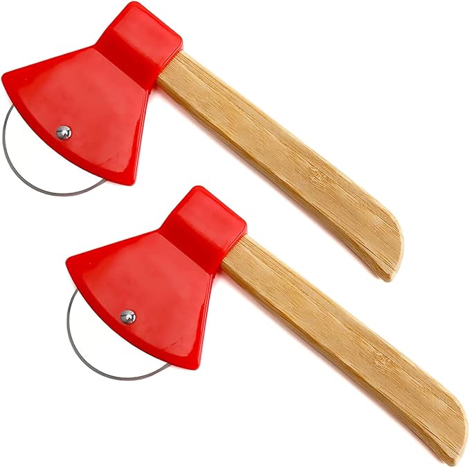 2Pcs Pizza Cutter Wheel, Axe Shaped Stainless Steel Pizza Knife With Bamboo Handles and Sharp Rotating Blades, Pizza Slicer Rolling Cutter for Pies, Cookies, Bread, Cakes (Red)