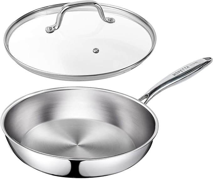 11.5 inch Tri-Ply Stainless Steel Frying Pan with Lid,No Coatings PFOA&PTFE Free Skillets,Chef's Pans,Dishwasher and Oven Safe Cookware, Compatible with All Cooktops