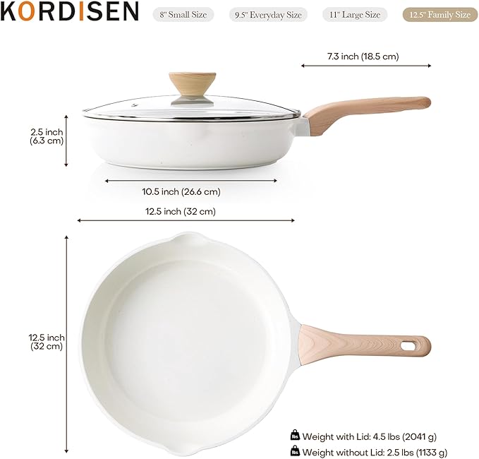 Kordisen Nonstick Ceramic Frying Pan with Lid, 12.5 Inch Ceramic Large Skillet with Lid, Healthy Non Toxic Cooking Pan, Stay-Cool Handle, Induction Compatible, PFOA & PFAS Free, White