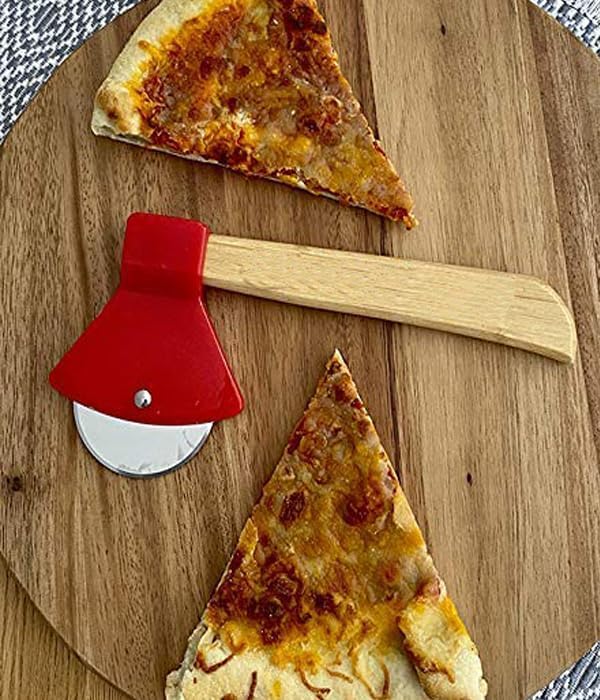 Funny & Cool Axe Pizza Cutter - Unique Men Dad Tool With Steel Сircular Saw, Plastic Cover for Wheel Blade Knife & Bamboo Handle - Cute Kitchen Gadgets Nonstick Stuff Slicer Accessories