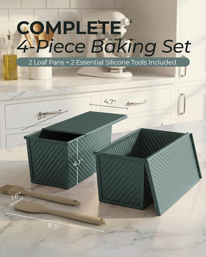 CARTMAN Bread Loaf Pan 2 Pack, 9x4 Pullman Loaf Pan with lid and a Silicone Spatula and Basting Pastry Brush, 1 lb Dough Capacity,Non-Stick Carbon Steel bread pans for homemade bread Sage Green