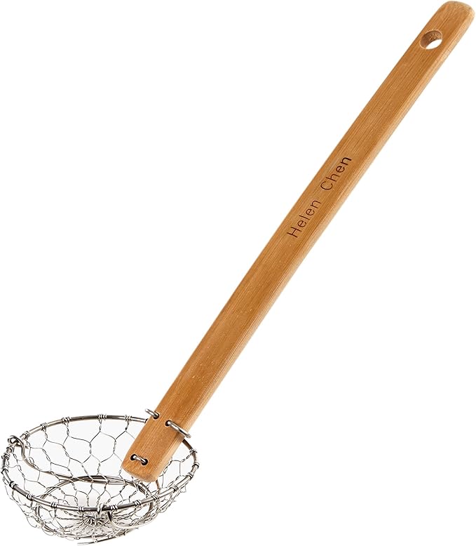 Helen's Asian Kitchen Mini Spider Strainer, 3-Inch Stainless Steel Mesh Basket With Bamboo Handle, For Noodles, Dumplings, Wontons, Deep Frying, And Draining Tasks