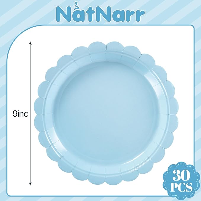 30 Pcs Light Blue Plates, Boy Baby Shower Decorations 9 Inch Scalloped Baby Blue Dessert Party Plate Cute Paper Plate for Easter Party, Birthday, Wedding, Bridal Shower