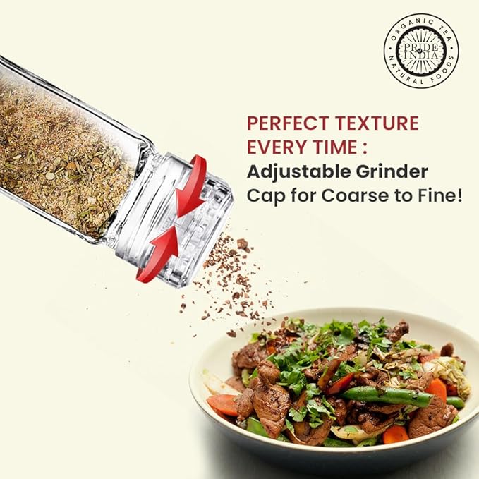 Pride Of India 4 oz Glass Spice Jars with Grinder – Pack of 6 | Clear Square Spice Shaker Set with Adjustable Grinder Cap | Small Jars with Lids for Salt, Pepper, Herbs & Seasoning Storage