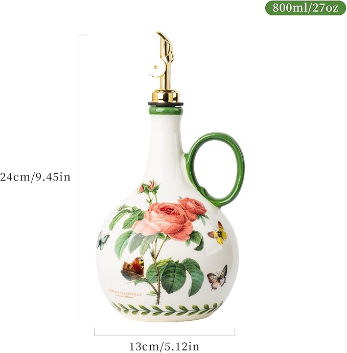 Ceramic Olive Oil Dispenser, 27 oz Floral Pattern Cruet with Auto-Close Spout, 9.45" Tall, Decorative Oil and Vinegar Bottle (pink rose)