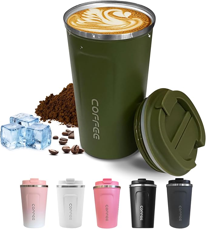 Travel Coffee Mugs Leak-Proof, Reusable Coffee Cups with Lids, Stainless Steel Vacuum Insulated Coffee Tumblers, Thermal Insulation Cups for Men and Women Hot & Cold Drinks(2nd-Green, 17OZ)