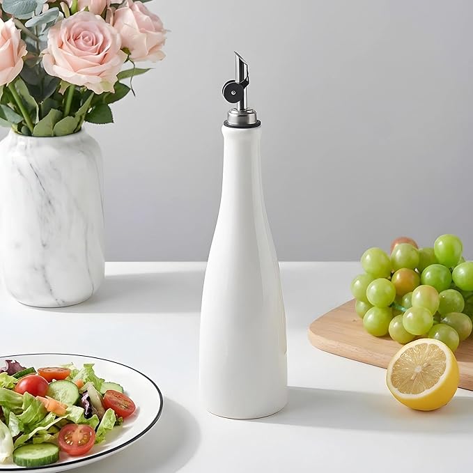 YOLIFE Olive Oil Dispenser Bottle, 16oz Ceramic Oil Dispenser for Kitchen, Oil Bottle with Gravity Spout, Leak Proof EVOO Dispensing Bottle with 2 Spouts and 1 Funnel for Vinegar, Juice(White)