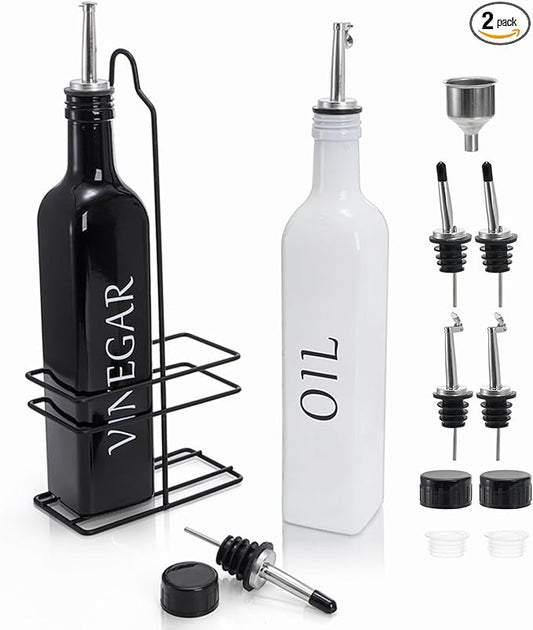 Tebery 2 Pack Oil and Vinegar Dispenser Set with Caddy Holder, 17oz Black & White Olive Oil Dispenser Bottle, Cute Modern Vintage Glass Cruet for Kitchen