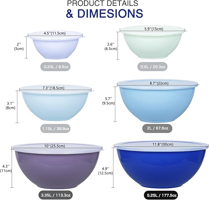 Plastic Mixing Bowls with Lids Set for Kitchen, Nesting Bowls for Mixing, Baking, Prepping, Cooking and Serving Food, Mixing Bowls Dishwasher, Microwave Safe (Dark blue)