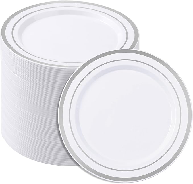 BESTSTAR 7 Inch White Plastic Plates,100PCS Disposable Dessert/Appetizer/Small Cake Plates with Silver Rim,Heavy Duty Plate Ideal for Wedding and Birthday