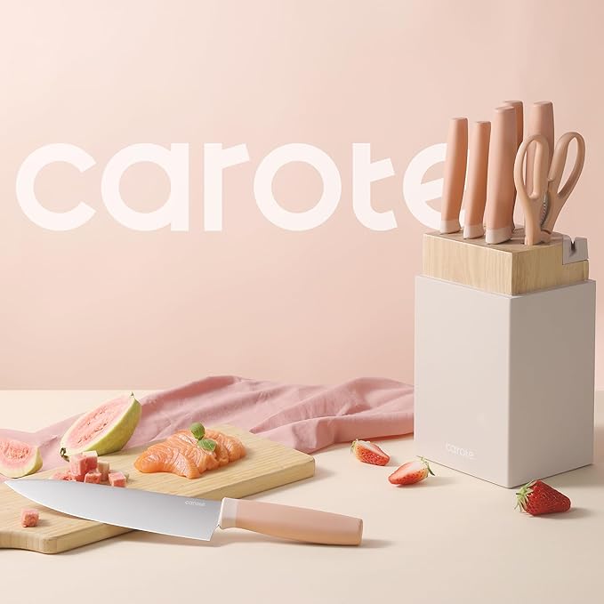 CAROTE 9 Pieces Kitchen Knife Block Set with Sharpener, Dishwasher Safe Knives for Kitchen, Forged Cutlery with Razor-Sharp Stainless Steel Blades, Pink