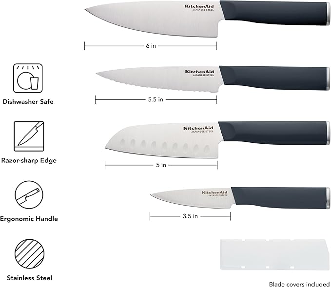 KitchenAid Chef Set with Custom Fit Covers, Sharp Kitchen Knife, High-Carbon Japanese Stainless Steel Blade, 4 Piece, Charcoal Gray