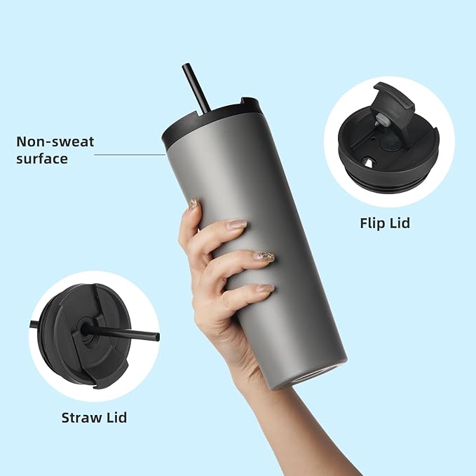 22 OZ Insulated Tumbler with Lid and 2 Straws Stainless Steel Water Bottle Vacuum Travel Mug Coffee Cup,Gray